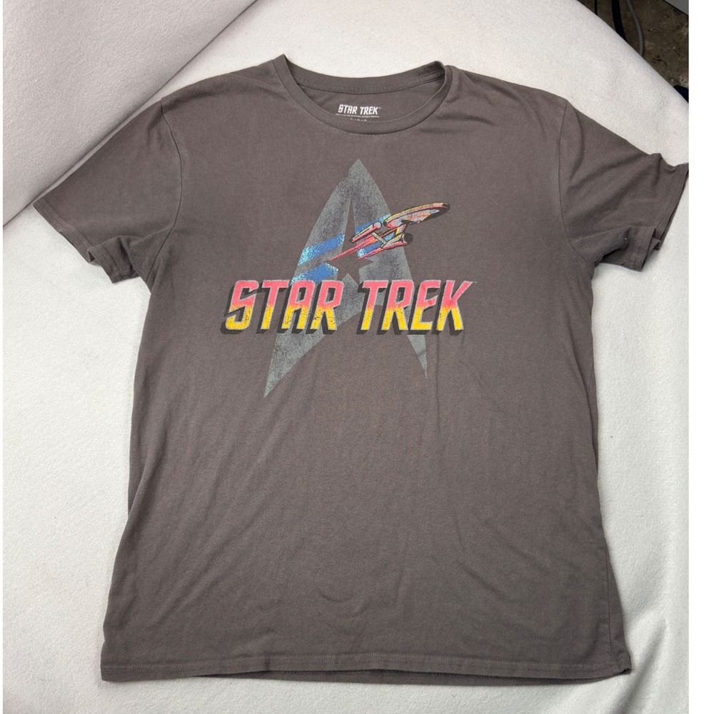 Star Trek Delta Logo USS Enterprise Graphic T-Shirt Mens Large Grey Cotton Blend